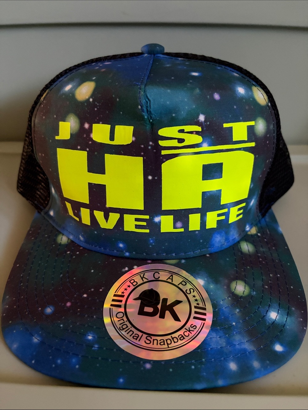 BK Caps Galaxy Print Trucker Hat in Blue with Yellow Logo